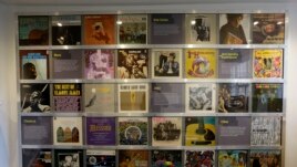 Record covers of albums U.S. musician Jimi Hendrix owned or made are displayed in exhibition space at his former central London flat, at 23 Brook Street, Feb. 8, 2016.