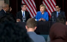 Democratic presidential candidate Hillary Clinton participates in a roundtable with Muslim community leaders at the University of Southern California in Los Angeles, Thursday, March 24, 2016.