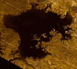 This 2007 image made available by NASA shows a hydrocarbon sea named Ligeia Mare on Saturn's moon Titan, as seen by the Cassini spacecraft.