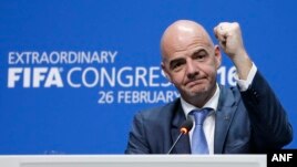 Newly elected FIFA president Gianni Infantino of Switzerland during a press conference after the second election round during the extraordinary FIFA congress in Zurich, Switzerland,  Feb. 26, 2016.