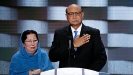 Khizr Khan, father of fallen US Army Capt. Humayun S. M. Khan and his wife Ghazala speak during the final day of the Democratic National Convention in Philadelphia, July 28, 2016.