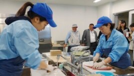 Lab technicians at the Fukushima Prefectural Fisheries Experimental Station at Onahama Port in Iwaki city prepare fish to measure cesium levels for safety tests under the prefecture's experimental fishing program, Oct. 12, 2017.