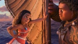 Moana insists the demigod Maui teach her to sail.