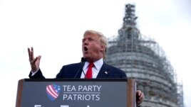 Republican presidential candidate Donald Trump speaks at a rally organized by Tea Party Patriots in on Capitol Hill in Washington, Sept. 9, 2015, to oppose the Iran nuclear agreement.