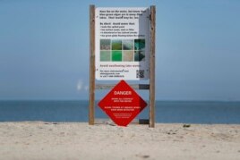 A warning sign against algae bloomsstands on an empty Maumee Bay State Park public beach on Lake Erie in Oregon, Ohio, on Friday, September. 15, 2017.