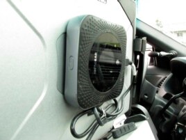 This Wednesday, May 8, 2019, photo, shows a wireless hotspot device on a police patrol car laptop in Anchorage, Alaska.