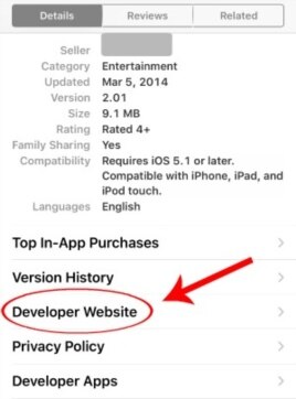 Developer Website in App Store