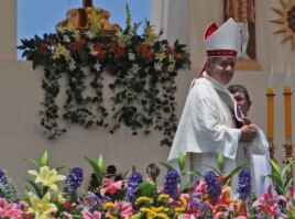 FILE - Osornos Bishop Juan Barros after Mass was celebrated by Pope Francis in Iquique, Chile, January 18, 2018.