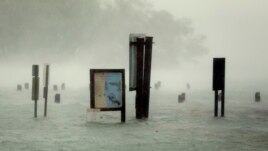 Flood waters rise around signs at the Haulover Marine Center at Haulover Park as Hurricane Irma passes by, Sept. 10, 2017, in North Miami Beach, Florida.