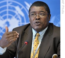 Donald Cooper speaks during a United Nations conference in Geneva, Switzerland in May