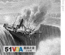 A drawing of the American ship Caroline, seized by Canadian soldiers. They set fire to it and pushed it over Niagara Falls. 