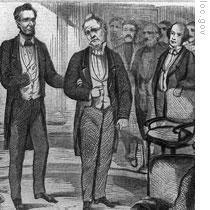Lincoln and Buchanan entering the Senate chamber before the inauguration