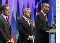 President Obama speaks about Iran's nuclear program with French President Nicolas Sarkozy, left, and British Prime Minister Gordon Brown