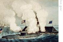 The Battle of Hampton Roads between the Monitor, front, and the Virginia