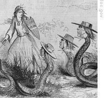 A cartoon in the magazine Harper's Weekly showing anti-war Copperheads as snakes threatening the Union