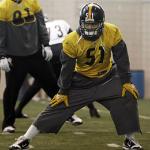 Pittsburgh Steelers linebacker James Farrior (51) stretches during practice on Thursday, Feb. 3, 2011, in Fort Worth, Texas. The Steelers will play the Green Bay Packers in NFL football Super Bowl XLV Sunday, Feb. 6