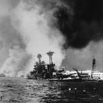 The USS California after being struck by a torpedo and a  bomb during the Japanese attack on Pearl Harbor